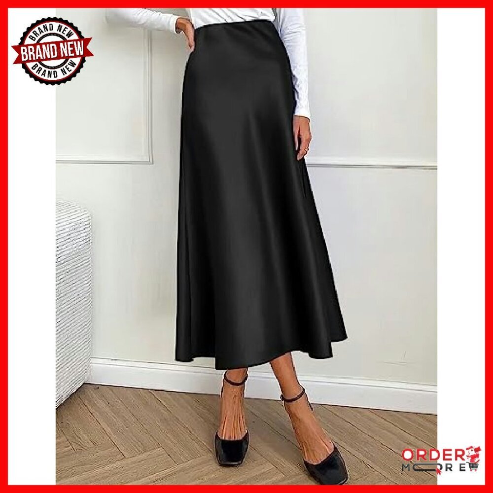 Satin Midi Skirt High Waist Elastic Flowy A-Line Elegant - Picture 5 of 8